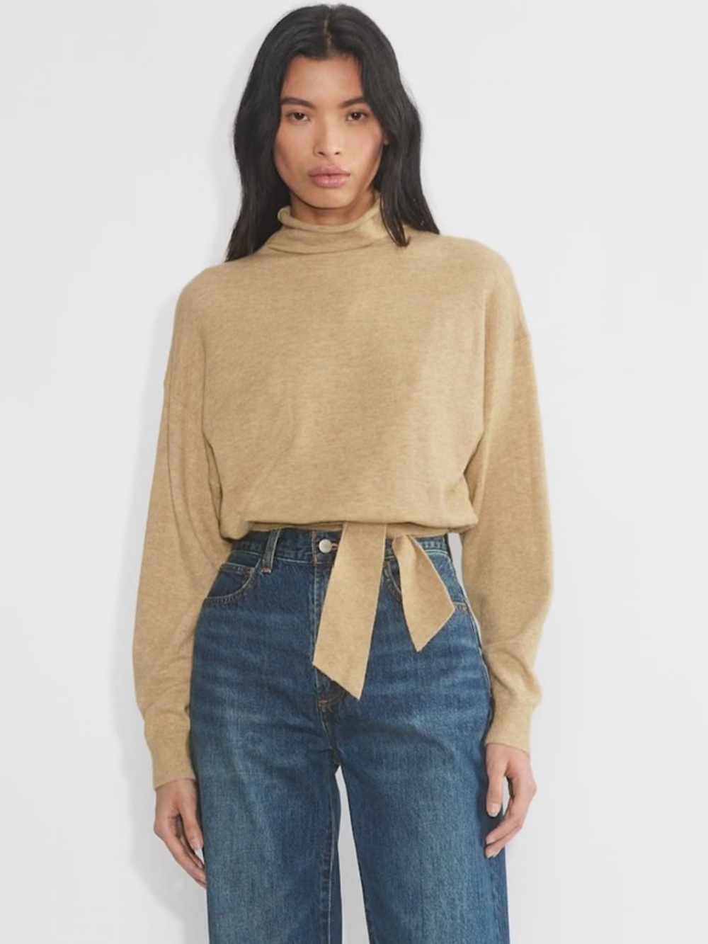 Aritzia Wilfred Lorin Knit wool-cashmere turtleneck tie sweater sz medium tan